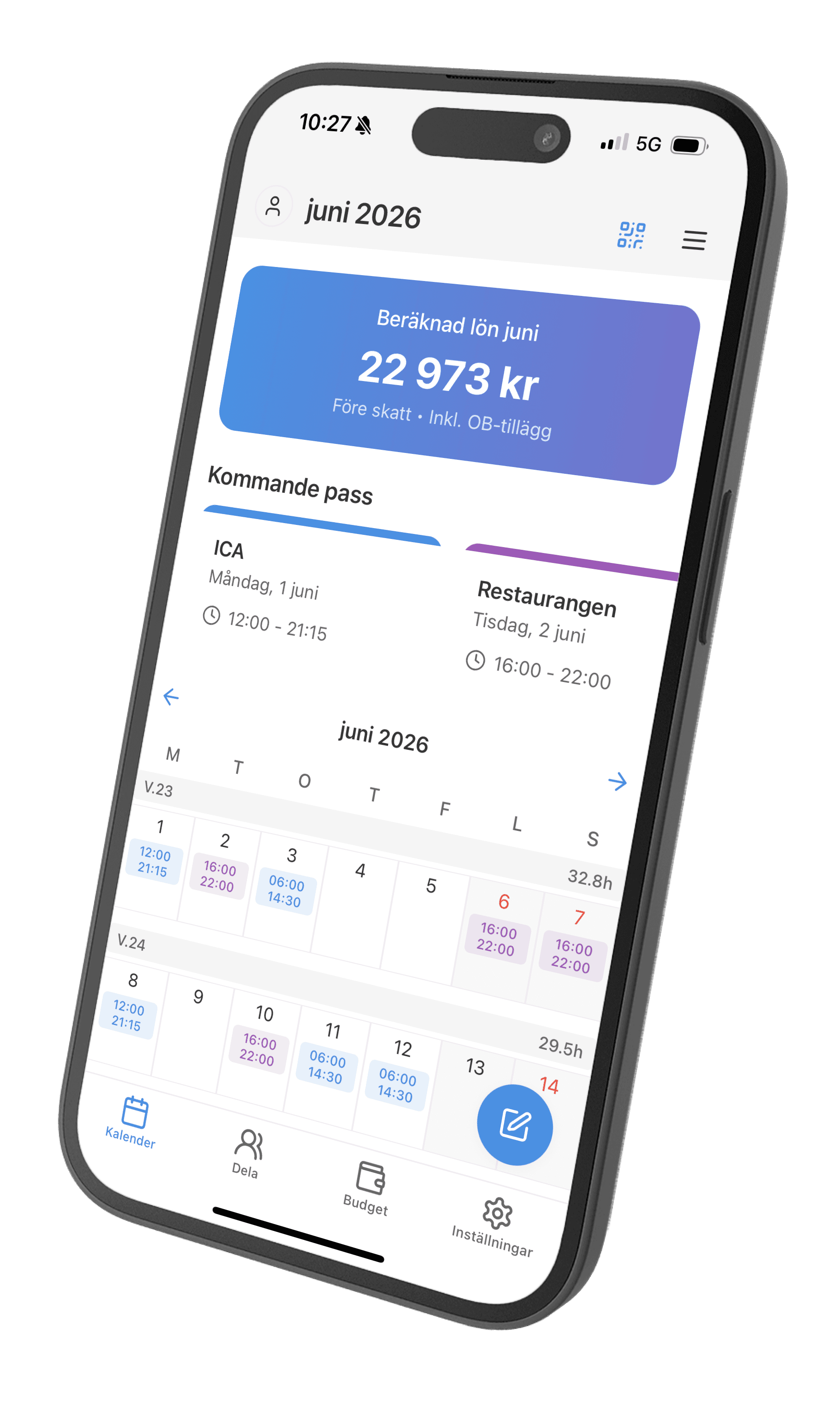 Lonesmart Employee iPhone-vy med beräknad lön, kommande pass och kalender