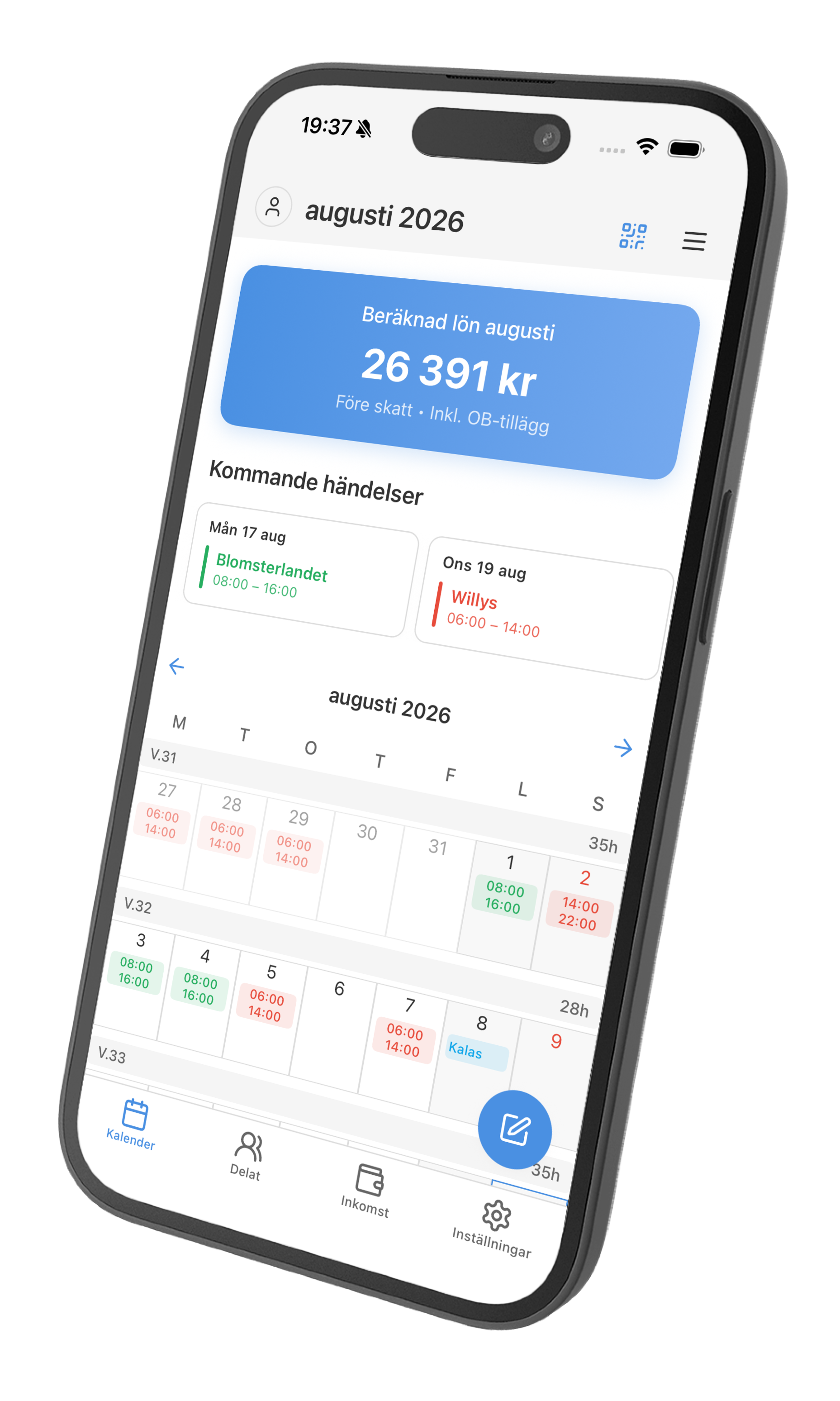 Lönesmart iPhone-vy med beräknad lön, kommande pass och kalender